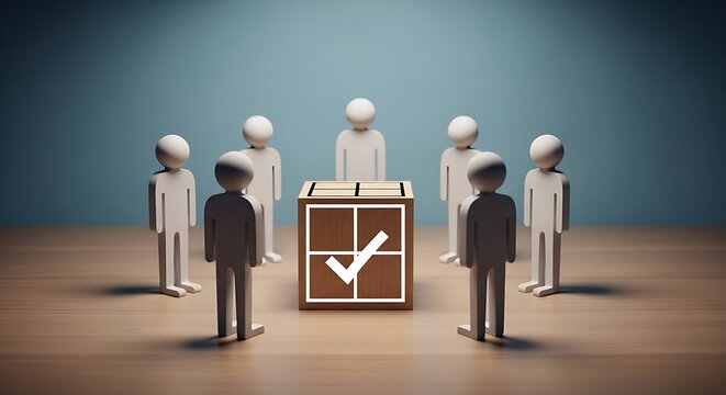 Group of faceless people standing around a ballot box with a checkmark