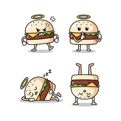 Cartoon burger characters with different emotions and halos on white background