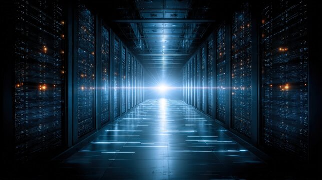 Modern data center server room with glowing blue LED lights rows of computing hardware digital network connections overlay perfect for sovereign AI data independence technology infrastructure concept.