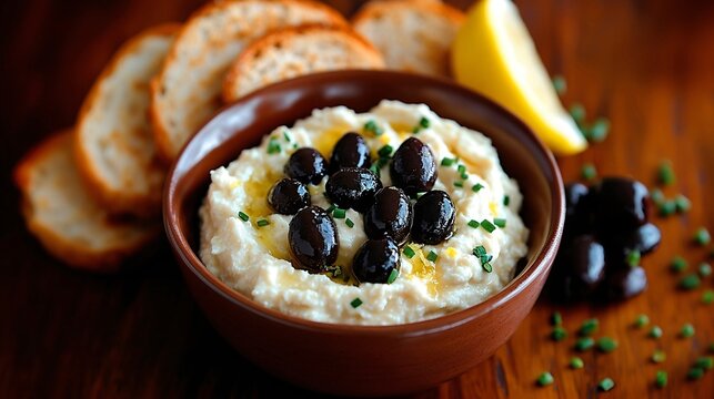 Hummus with black olives and olive oil and bread crumbs in a bowl