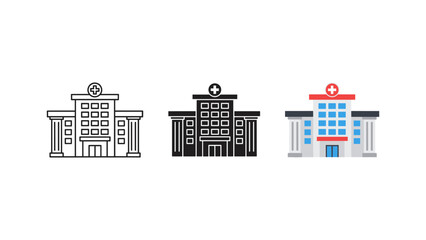 Fototapeta premium Clean and professional vector illustration of modern hospital and medical buildings with red cross symbols, ideal for healthcare, insurance, and urban planning projects.