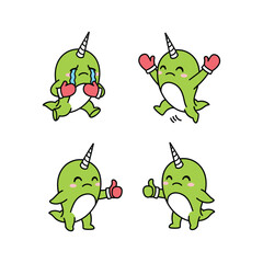 Cartoon narwhal characters showing emotions on white background © Designer Orchi
