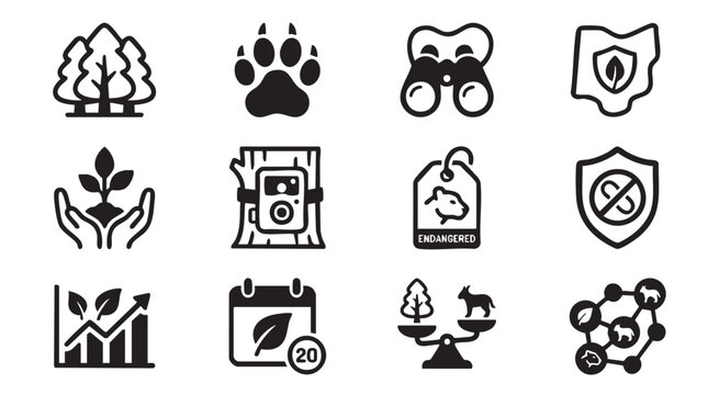 Eco friendly icon collection. Includes tree, paw print, binoculars, leaf, hands, recycling, shield, graph, calendar, scale, molecule symbols. Created in minimalist style with black and white palette