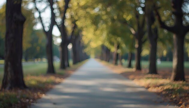 Blurred park path with trees and autumn leaves