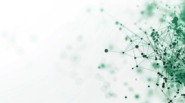 A futuristic abstract depiction of a complex digital network featuring glowing green nodes and connecting lines against a clean bright white background with a sense of depth
