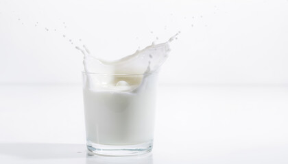 Milk splashing in glass on white background