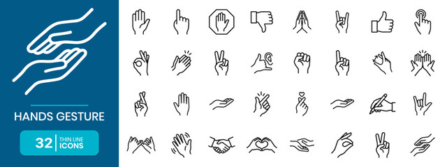 Fototapeta premium Hand Gestures and Sign Language Signals Thin Line Icon Set