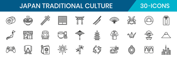 Fototapeta premium Japan Traditional Culture and Landmark Minimal Thin Line Icons
