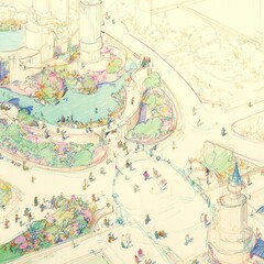 Obraz premium Architectural rendering of a bustling outdoor space with people, gardens, and buildings