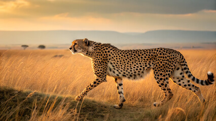 Majestic Cheetah Running in Golden Savanna at Sunset, Wildlife Portrait