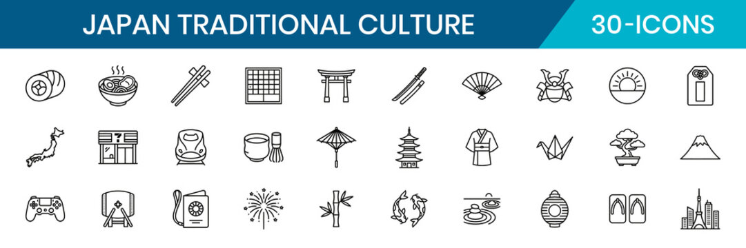 Japan Traditional Culture and Landmark Minimal Thin Line Icons