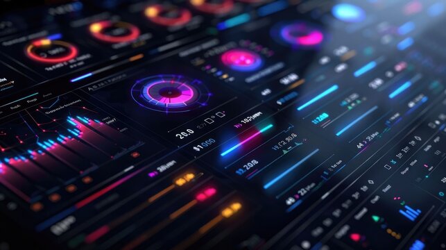 A high tech digital interface showcasing intricate data charts graphs and performance metrics with glowing neon blue pink and purple accents on a dark background