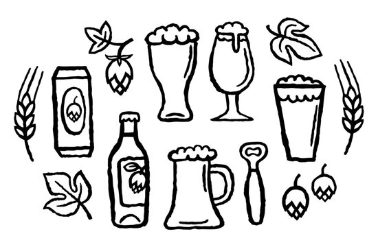 Beer Collection, Illustrations set with beer glasses, bottle, can, opener in a simple doodle style. Ink black hand drawn line illustration on white background