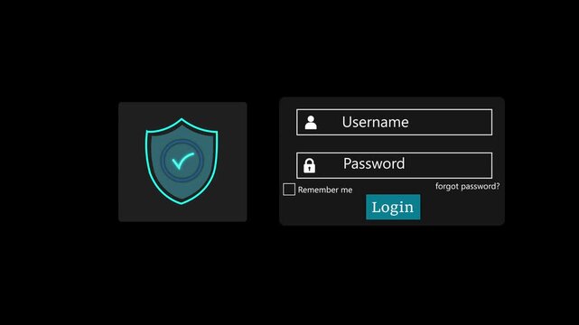 animation Cyber Security Login Interface with Shield Protection Icon, Username and Password Form on Dark Background .