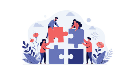 Fototapeta premium Four professional people working together to connect giant colorful puzzle pieces against a blue cloud background for teamwork.