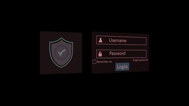 animation Cyber Security Login Interface with Shield Protection Icon, Username and Password Form on Dark Background .