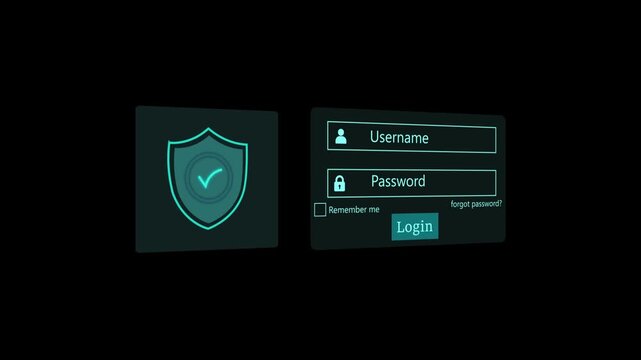 animation Cyber Security Login Interface with Shield Protection Icon, Username and Password Form on Dark Background .