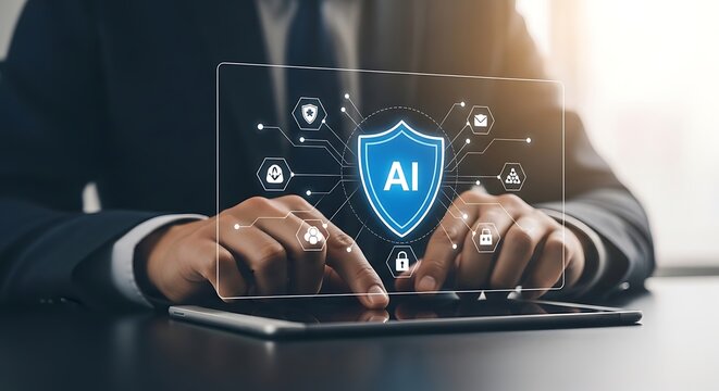Businessman interacting with ai shield on tablet symbolizing artificial intelligence and cybersecurity in a modern office setting with futuristic elements