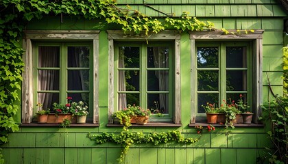 Green house facade with three windows adorned with flower pots and climbing plants, capturing rustic charm