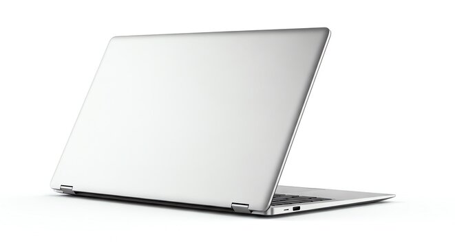 Silver laptop computer open on white surface