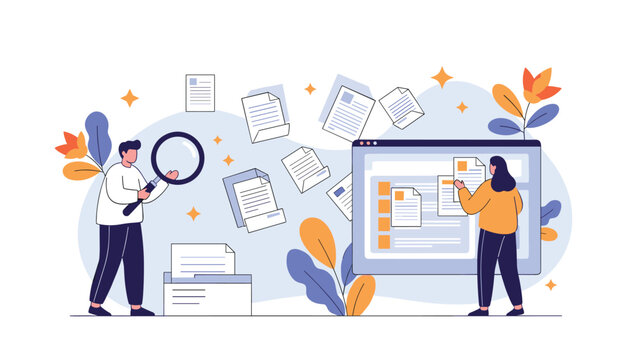 Two office workers managing and searching through digital documents on a computer screen and paper files in a flat illustration.