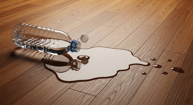 Spilled water bottle on wooden floor