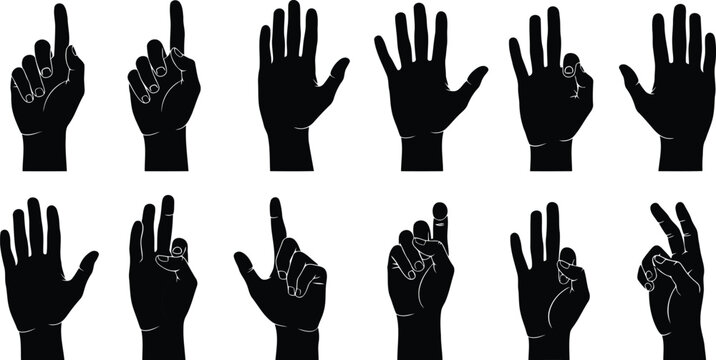 Hand gestures in different positions fingers symbol black