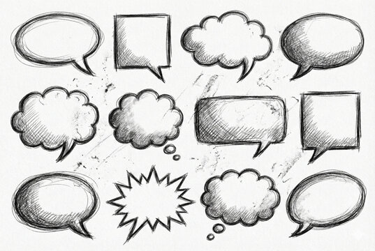Graphite pencil sketch of speech balloons, rough sketch texture, scribbly lines, shading and hatch marks, collection of different conversation bubbles, isolated on white background
