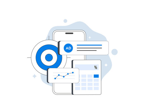 Online advertising campaign analytics dashboard, mobile ad banner and ppc performance metrics, digital marketing strategy report, online ads modern flat business infographic UI, vector illustration