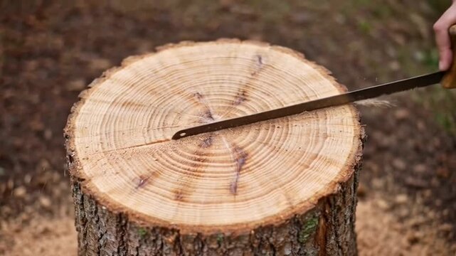 Person sawing tree stump with handsaw in forest
