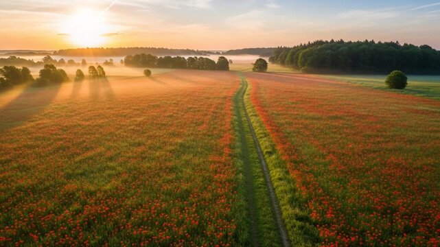 Golden sunrise light is shining over rural field with narrow path and mist seamless looping 4k time-lapse animation video background. Countryside landscape concept