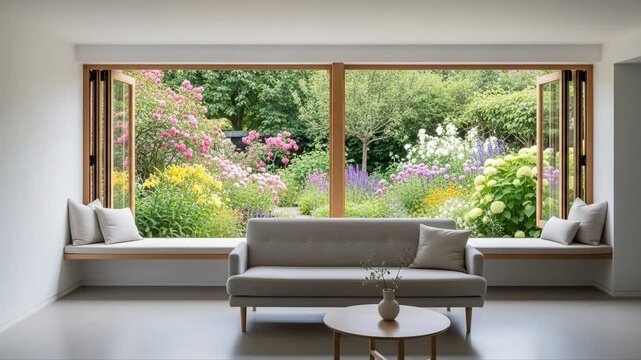 Modern living room interior is facing large window with blooming garden view seamless looping 4k time-lapse animation video background. Home lifestyle concept