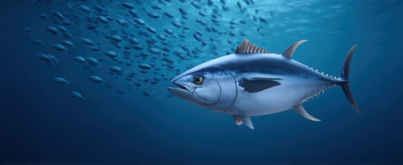 Obraz premium Tuna glides like a dancer in clear blue water with a school of fish nearby.
