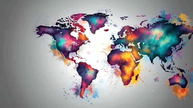 Colorful abstract world map illustration with paint splashes, global unity and diversity symbolism, artistic geographic representation, with copy space