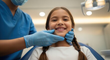 Fototapeta premium Young girl with braided hair smiles, being examined by a dentist wearing blue gloves. Modern dental clinic environment, promoting child oral health.