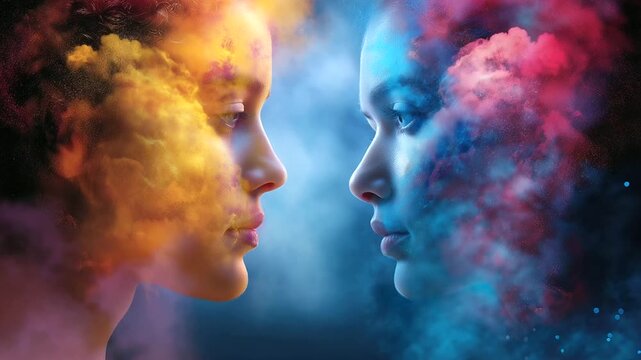 Colorful artistic depiction of two faceless women face to face with blended colors, harmony and connection promotion, with copy space