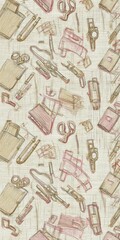 Obraz premium Hand-drawn illustrations in pastel hues form a repeating pattern of sewing tools and notions