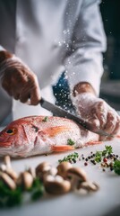 seafood fresh chef filleting whole red snapper on white cutting board with parsley, peppercorns and mushrooms, water droplets