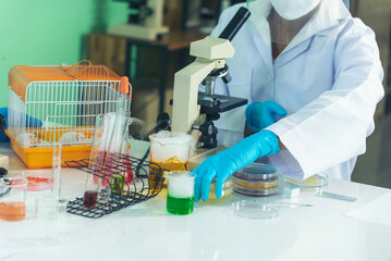 Scientist man holding chemical test glass tube testing science laboratory. Doctor clinic healthcare lab technician diagnosis sample. Asian man scientist working vaccine test medical biochemistry lab