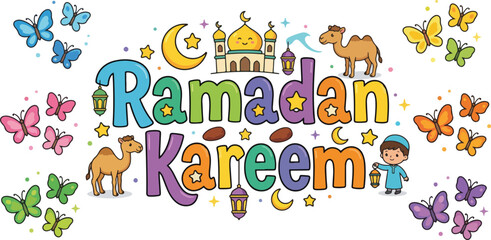 Obraz premium Cheerful Ramadan Kareem Cartoon Illustration with Colorful Typography, Cute Camels, Lanterns, and Six Sets of Decorative Butterflies on White Background, 2026 Kids Islamic Festival Concept