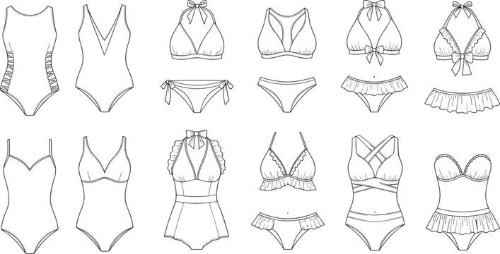 Large collection of women swimwear fashion icons featuring one piece swimsuits bikinis halter tops and ruffled beachwear vector flat templates.