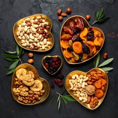 Heart-shaped bowls filled with dried fruit and nuts on a dark textured surface, garnished with green sprigs