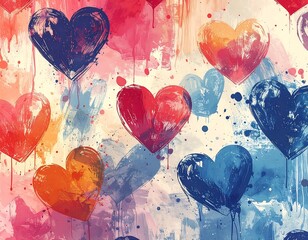 Heart-filled pattern with watercolor texture. Hearts painted in shades of blue, red, orange, & pink on a light background
