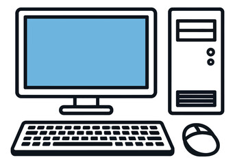 Fototapeta premium Line art desktop computer set featuring a monitor, keyboard, mouse, and desktop tower for office and computing