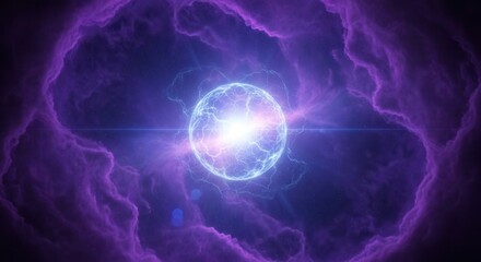 Naklejka premium Glowing energy sphere with electric tendrils, emitting bright light and intense energy. Deep purple nebula, cosmic background, concepts of science and universe.