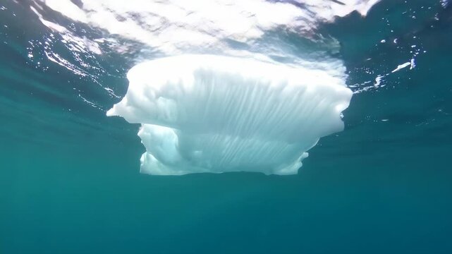 Underwater view of the underside of an iceberg floating in clear blue ocean water