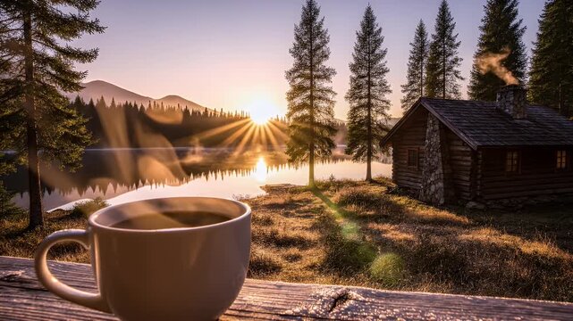 Steaming mug of coffee in the foreground overlooking a tranquil lakeside cabin at sunrise
