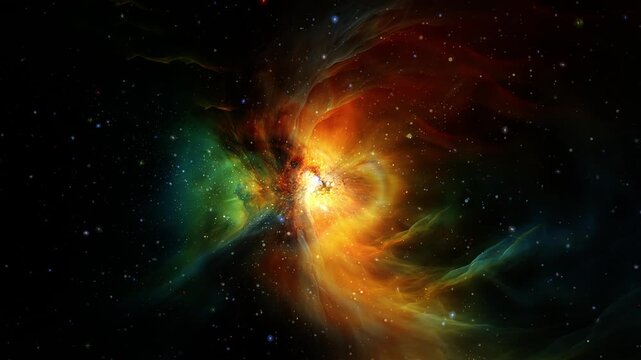 Loop Galaxy space travel glow orange green nebula cloud abstract background. 4K 3D seamless loop Space flight to glow dust cloud nebula. 