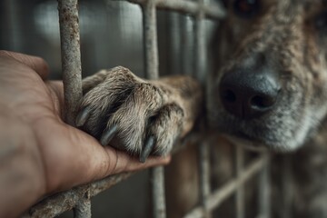 Obraz premium Close-up of a dog's paw reaching through a metal cage while a human hand gently touches it, conveying a moment of connection in an animal shelter environment