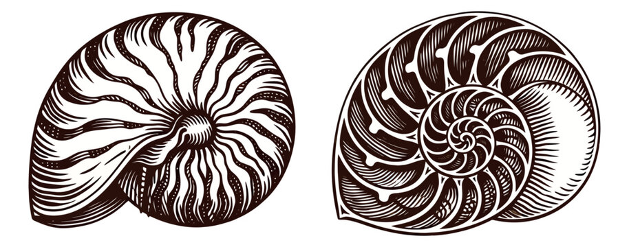 Hand drawn line art nautilus shells set featuring intricate spiral patterns for marine life design